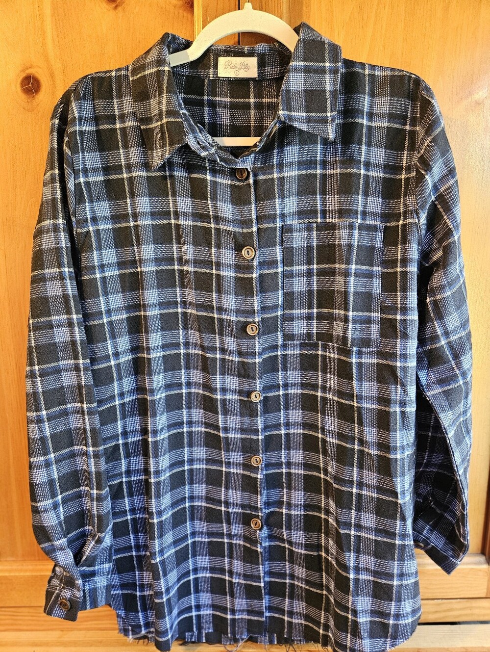 NWOT Pink Liky Women's Blue and Black Plaid Button-Up Shirt SIZE LARGE